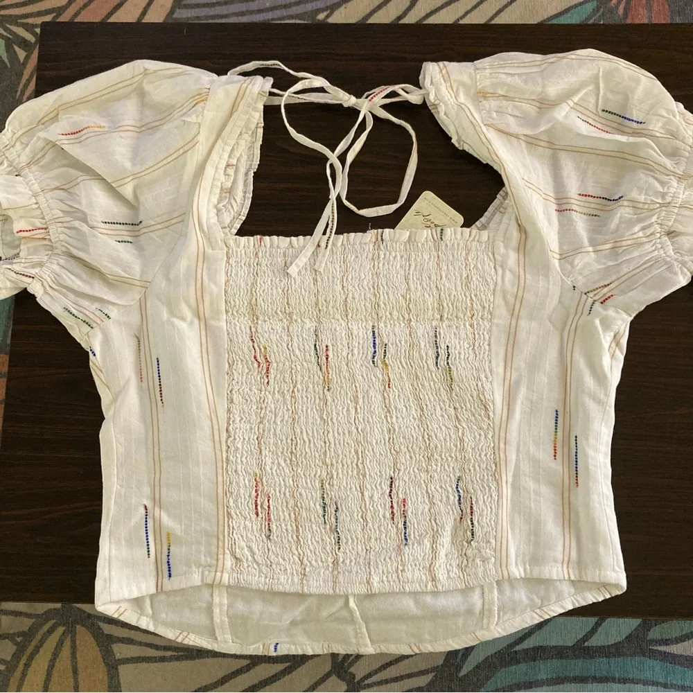 Free People Serotonin Corset Top White Puff Sleeve Top Colorful Rainbow Stitches